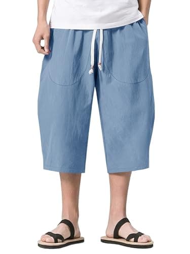Image of KEFITEVD Long Shorts Men 3/4 Length Baggy Yoga Capri Trousers Breathable Cotton Pants Summer Harem Shorts Blue Grey 38