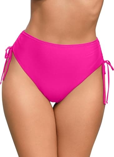 Image of SHEKINI Women's High Waisted Bikini Bottoms Drawstrings Side Swim Briefs Moderate Coverage Swimsuit Bottom Bathing Suit Swimwear Pink