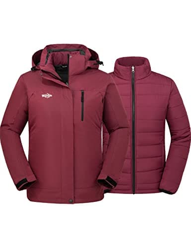 Image of Wantdo Women's Mountain Ski Jacket Detachable Liner 3-in-1 Jacket Windproof Outdoor Coats Hooded Snow Sports Jacket Warm Seasonal Hiking Coat Wine Red XL