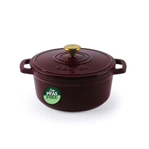 Image of Salter Chester 24cm Cast Iron Casserole Pot – Self-Basting Lid, Dutch Oven/Stock Pot, Enamel Coated Cast Iron, Oven Safe, Suitable for All Hob Types Including Induction, 3.4L cap., PFAS-Free, Red
