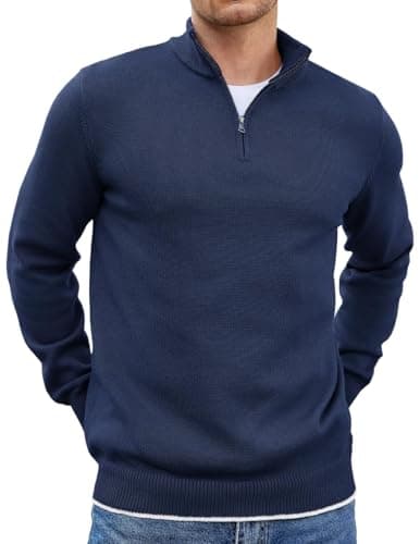 Image of COOFANDY Mens Quarter Zip Jumper Winter Knitted Sweater Long Sleeve Turtleneck Pullover Slim Fit Mock Neck Pullover Turtle Neck Tops Navy Blue S