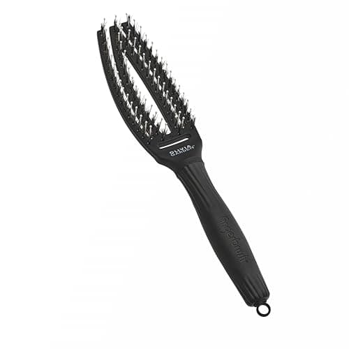 Image of Olivia Garden - Fingerbrush Combo Small - Styling Hair Brush for Dry & Detangled Short Hair - Curved Head Scalp Massage - Boar & Nylon Bristles for Natural Shine - Fine, Medium & Thick Hair - Black