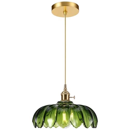 Image of Vintage Pendant Light Shade, Green Glass Pendant Light Shade,E27 Hanging Ceiling Lights, Crystals Pendant Lights for Kitchen Island Bedroom Hallway Study Room Coffee Bar(Bulb not Included) (Green)
