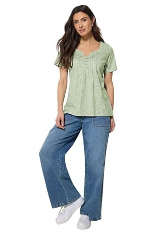 Image of M&Co Sage Green Ditsy Floral Cotton Henley Top - Women's