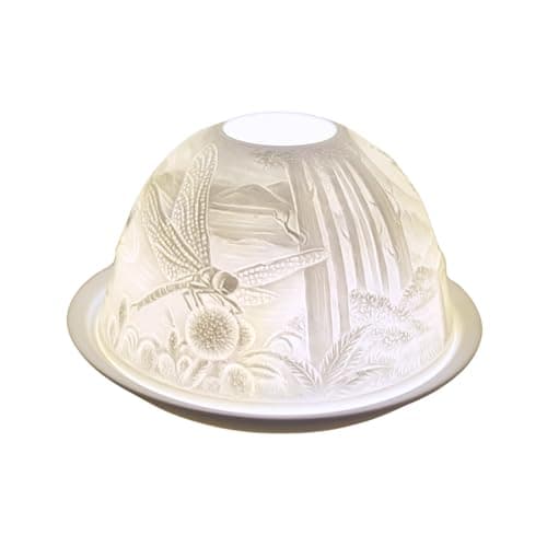 Image of Nordic Lights Dragonfly Porcelain Tealight Holder Dome | Candle Holder Projecting 3D Image Use With Scented Candle, LED Light | Perfect Living Room Decor Lights | Shade & Plate Set with Gift Box