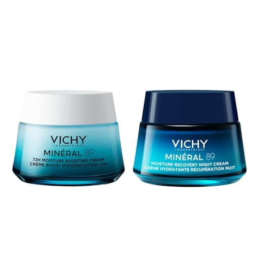 Image of Vichy Minéral 89 Moisturiser Duo – 72H Hydration with Hyaluronic Acid & Squalane – Night Recovery Cream with Melatonin – 2 x 50ml Bundle
