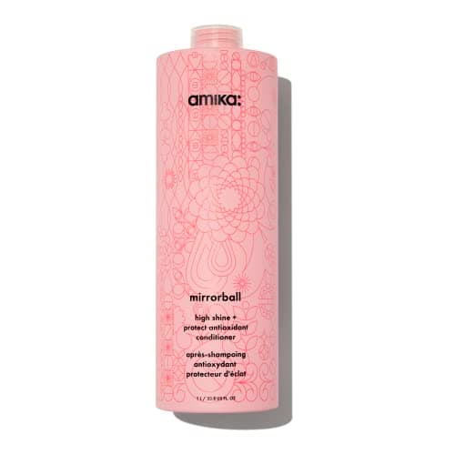 Image of amika mirrorball high shine + protect hair conditioner - boosts shine + removes pollution buildup - smooths + softens strands - antioxidant-rich hair care with grape leaf + sea buckthorn (1000 ml)