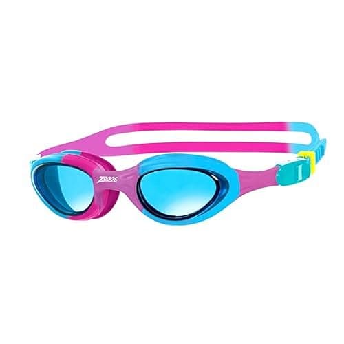 Image of Zoggs Super Seal Swimming Goggles Kids (Age 6-14, Blue Tinted Lens, Pink/Blue) UV Protection, Anti-Fog, Junior Boys & Girls Quick Adjust, Split Yoke Strap, Kids Goggles