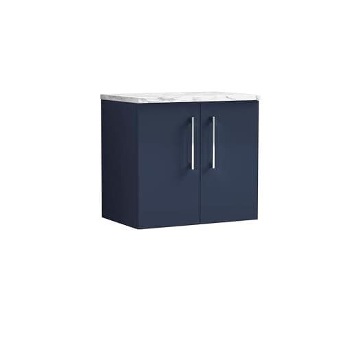 Image of nuie ARN2923LCM Arno Modern Bathroom Wall Hung 2 Soft Close Door Vanity and Carrera Marble Laminate Worktop, 600mm, Midnight Blue