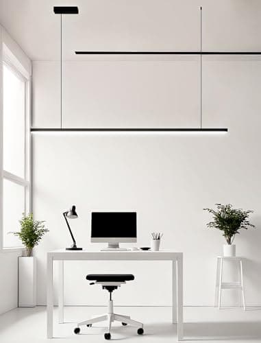 Image of Modern minimalist black LED rectangular pendant light 48W adjustable indoor lighting fixture with metal pendant and remote control Semi-recessed pendant light 3000K-6000K office dining (L150cm)