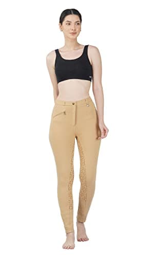 Image of Avon Equine Women's Cotton/Lycra Soft Stretchy Silicon Jodhpurs JODS with Zip Pocket Ladies Knee Patch Equestrian Pants Full Seat 4 Way Stretch Jodhpurs Pant (Beige, UK 10 (28-Inch))
