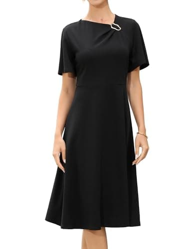 Image of Allegra K Work Dress for Women Short Sleeve A-Line Business Casual Midi Dresses Black XS