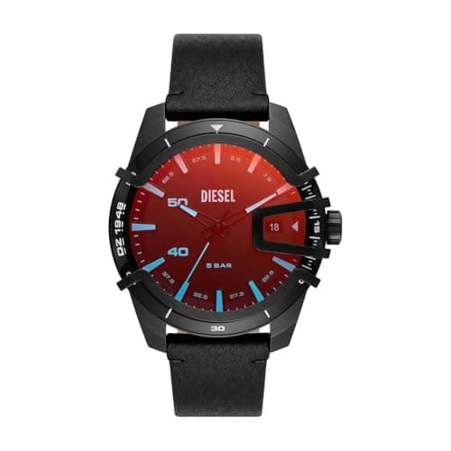 Image of Diesel Watch for Men Caged, Three Hand Date Movement, 46 mm Black Stainless Steel Case with a Leather Strap, DZ1948