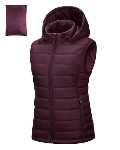Image of Outdoor Ventures Womens Puffer Gilet with Hood Packable Quilted Vest Padded Outwear Vest Bodywarmer Ladies Windproof Sleeveless Jacket for Golf Hiking Cycling Purple M
