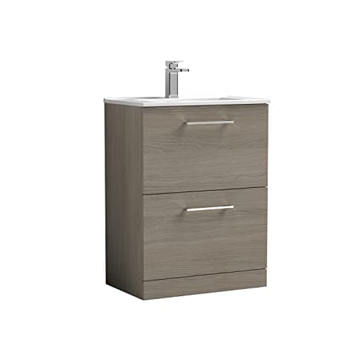 Image of nuie ARN2533B Arno Modern Bathroom Floor Standing 2 Drawer Vanity Unit with Minimalist Ceramic Basin, Solace Oak