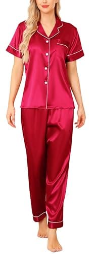 Image of Vlazom Womens Silk Pyjamas, Soft Satin Short Sleeve Top & Long Pant Pyjamas Set Button Down Pj Sets Loungewear for All Seasons, A-Wine Red,S