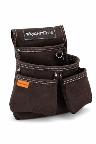 Image of WrightFits Heavy Duty Leather Tool Pouch Brown – 4 Pocket Tool Organiser & Tool Belt Pouch with Hammer Loop, Nail & Small Parts Holder, Metal D-Ring | Carpenter & Electrician Work Pouch