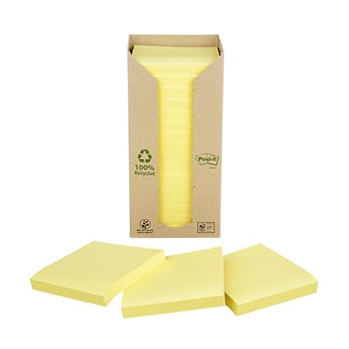 Image of Post-it Recycled Notes - Canary Yellow - Tower Pack of 16 Pads 100 Sheets Per Pad - 76 mm x 76 mm