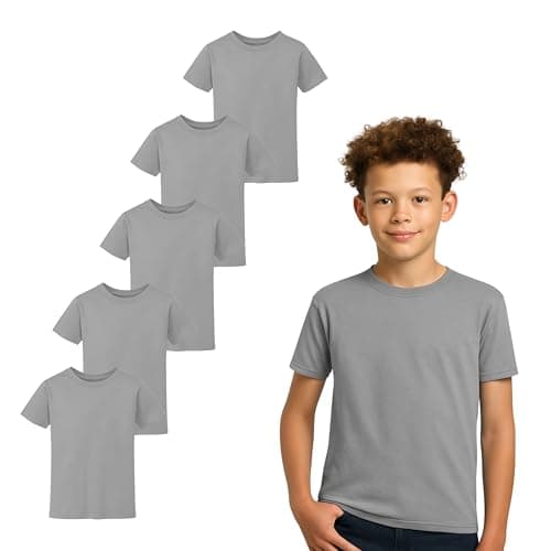 Image of Boys & Girls T-shirts For Kids (Pack of 5) | Cotton, Plain, Short Sleeve, Comfortable & Durable Tops in MultiColor | Best For School, Sports, Travel & Outdoor Activities | Sports Grey , 12-13 Yrs