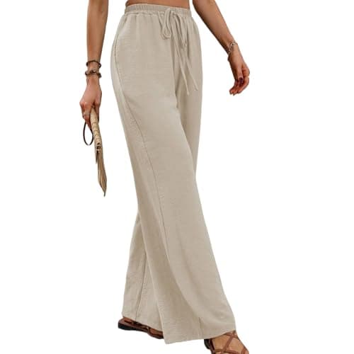 Image of JiaYouLC Women Linen Trousers with Pockets Summer Wide Leg Casual Pants High Waisted Drawstring Trousers for Sports Running Joggers (UK, Alpha, M, Regular, Regular, Khaki)