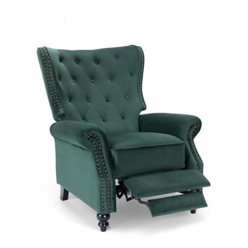 Image of Bottle Green Velvet Wingback Recliner – Chesterfield Armchairs Style, High Back Wing Back Arm Chair, Fireside Chairs for Living Room & Elderly with Buttoned Back, Studs & Wooden Legs
