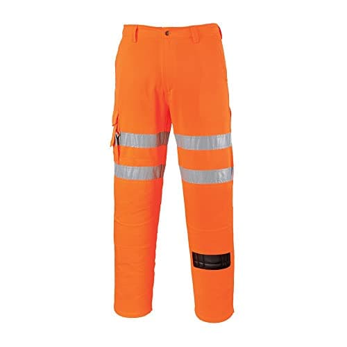Image of Portwest RT46 Hi Vis Rail Work Trousers Poly Cotton Water Resistant Texpel Multi Pocket Knee Pad Compatible Reflective Safety Pants Orange EN ISO 20471 RIS 3279-TOM, Regular, Medium