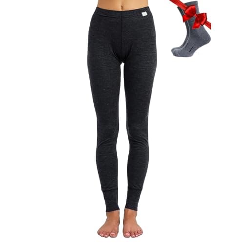 Image of Merino Wool Base Layer Womens Leggings 100% Merino Thermal Underwear Pants for Women Lightweight + Wool Socks (Medium, 165 Heathered Black)