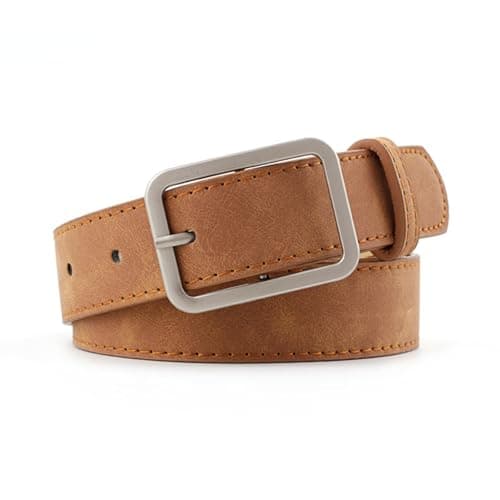 Image of JILLICK Vintage Distressed Leather Belt For Women With Silver Buckle - Adjustable Waist Belt For Jeans, Pants, Dresses And Casual Wear, Brown Colour, 2.8cm Width, 106cm Length, Retro Style, Square