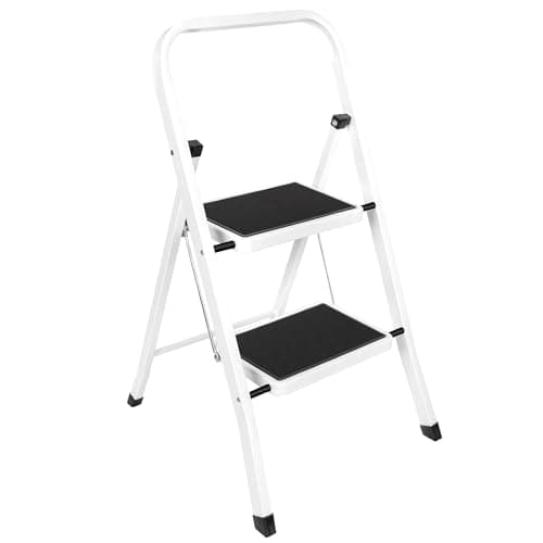 Image of Futura 2 Step Ladder White, Heavy-Duty Steel Folding Ladder & Folding Step Stool with Wide Non-Slip Steps, Anti Slip Feet, 150kg Load Capacity, Ideal for Home/Kitchen/Garden or DIY Step Stool