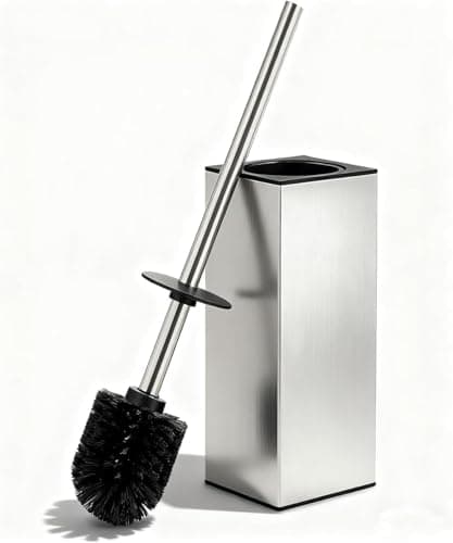 Image of Toilet Brush and Holder Set, NEWRAIN Toilet Brush with Long Brush Handle, Stainless Steel Toilet Scrubber and Covered Holder, Square Design Sturdy and Space Saving, Covered Brush