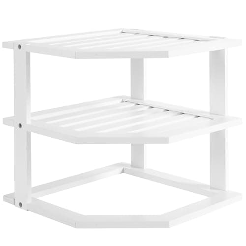 Image of Vencier 3-Tier Bamboo Corner Shelf – 25×25×23.5 cm Freestanding Storage Rack, Cupboard & Countertop Organiser for Kitchen, Bathroom, and Living Room (White)