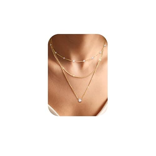 Image of Chriscoco 3Pcs Layered Necklace - 14K Gold Plated Choker Necklace with 6MM CZ Pendant - Women's Gold Jewellery - Includes Jewellery Box