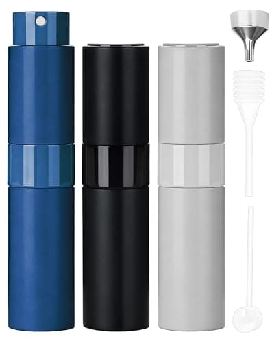 Image of FitDA Travel Perfume Atomiser Refillable, 3 Pack 8ml Perfume Atomiser, Mini Aftershave Spray Bottle, Easy to Refill travel atomiser for Women and Men（Black+Blue+Silver）
