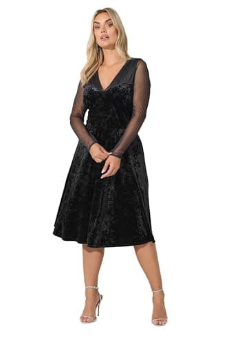 Image of Yours London Curve Velvet Mesh Sleeve Skater Dress - Women's - Plus Size Curve Black