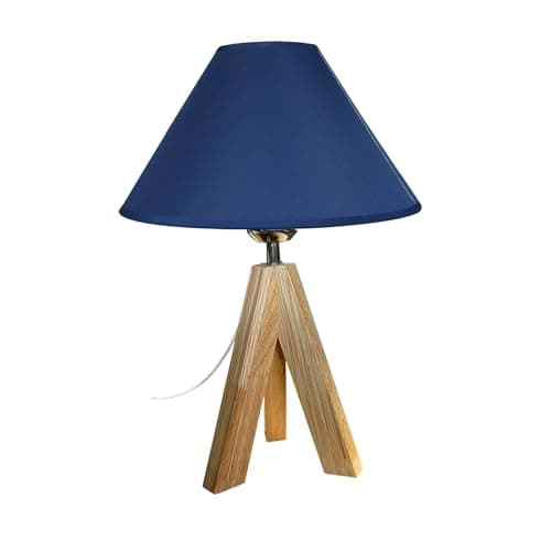 Image of Loxton Lighting Wooden Tripod Table Lamp with 25cm Cotton Coolie Shade, Cream, 37cm Height (Navy Blue)