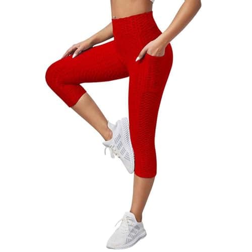 Image of Flodxo Capri Leggings for Women UK 3/4 Gym Leggings with Pockets High Waist Cropped Trousers Yoga Pants for Women Running Active 3/4 Length Leggings for Workout Exercise & Fitness Red M