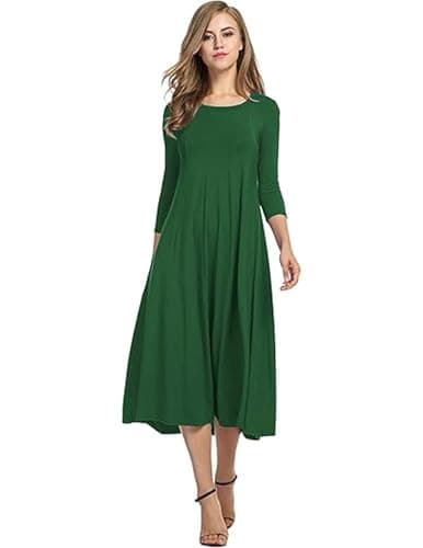 Image of HOTOUCH Women's Dresses Midi Summer Dresses A Line Tunic Dress with Pockets Elegant Solid Round Neck Dress Dark Green XXXL