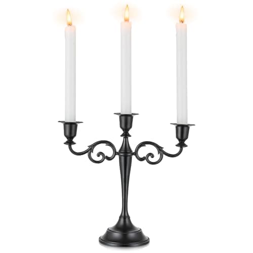 Image of Sziqiqi Halloween Candelabra Candle Holder 3-Arms Candlestick Holders, Matte Black Candle Stick Stands for Taper Candles for Candlelight Dinner Party Wedding Table Centrepieces Christmas Mantel Decor