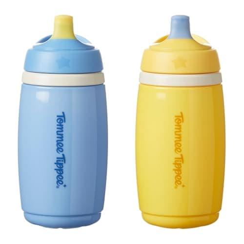 Image of Tommee Tippee Insulated Active Spout Cup, 266ml, Non-Spill Water Bottle for Toddlers 12 Months+, Insulated to Help Keep Their Drinks Cool, Blue and Yellow, 2 Pack
