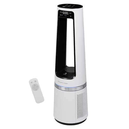 Image of Russell Hobbs Quiet Bladeless Tower Fan & Heater with Remote Control, Touch Control, 85cm Tall, 12 Speed Settings, 12 Hour Adjustable Timer, Oscillating 2kW, White, 2 Year Guarantee RHBLDL25W