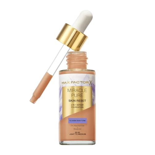Image of Max Factor Miracle Pure Skin Reset Serum Foundation 60-80 Light to Medium, 2-in-1 Serum Formula, Healthy Looking Skin, Medium Coverage, Satin Matte Finish, 2% Niacinamide, Dermatologically Tested