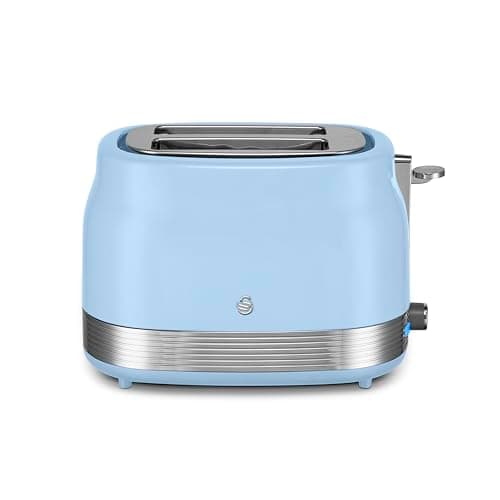 Image of Swan ST19028BLU Retro 2 Slice Toaster with 6 Browning Levels for Toast, Bagels, Breakfast Muffins, Defrost/Reheat/Cancel, Hidden Cord Storage, Non-Slip Feet, 930W, Blue and Stainless Steel