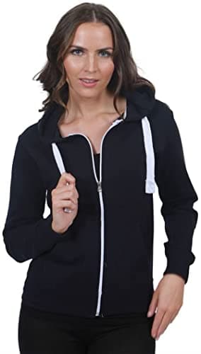 Image of New Womens Front Zip Up Hoodie Ladies Long Sleeve Plain Sweatshirt Fleece Hoody Hooded Jacket Navy Blue Size 14