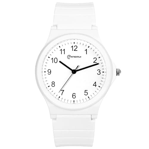 Image of Oidea Simple Waterproof Unisex Watch: Student Time Analog Wrist Watch Soft Silicone Band Easy Read Arabic Numeral Scale Wristwatch - White