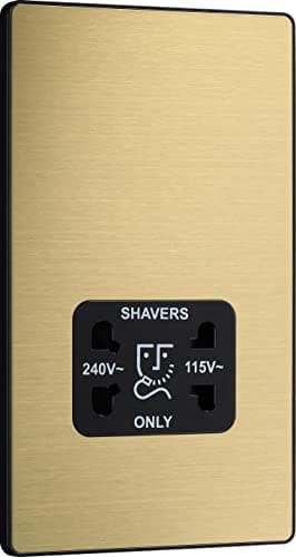 Image of BG Electrical Dual Voltage Shaver Plug Socket, Electric Toothbrush Charger Socket for Bathrooms, Screwless Front Plate, Round Edges, Evolve, 2-Pin, Satin Brass, 115V / 240V, PCDSB20B