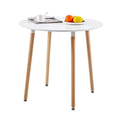 Image of buybyroom Small Round Dining Table, Space Saving Small Kitchen Table White with Wood Legs for Kitchen, Study and Office desk, Round Dining Table for 2, Outdoor Side Table, 80 * 80 * 74cm