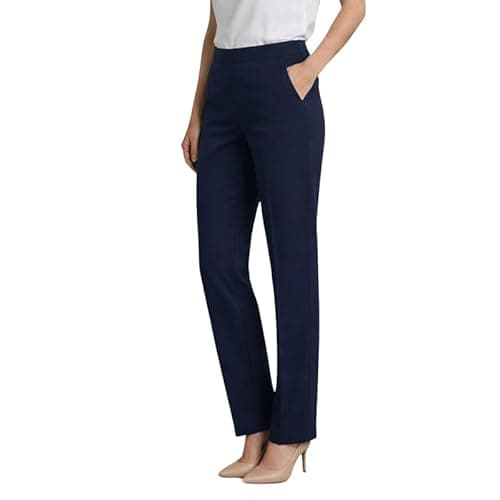 Image of Ladies Trousers Half Elasticated Waist Women Straight Leg Pants Pull On Stretch Work Office Formal Casual Bottom with Pockets Lightweight Smart Trouser Navy 14/27