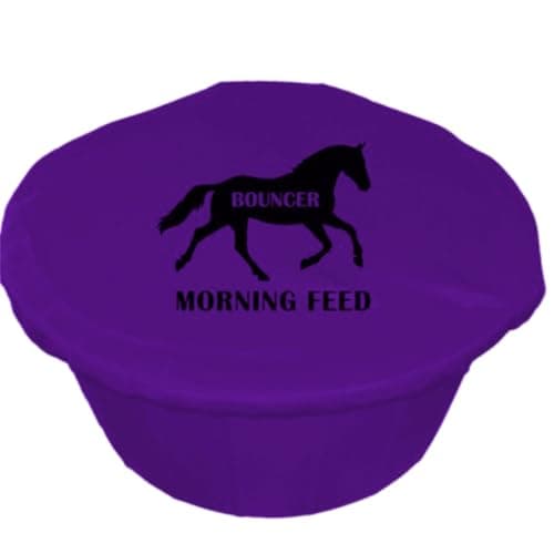 Image of Personalised Horse Feed Bucket Covers, Multi-Coloured, Morning and Teatime Feed Design or Custom Text (Black Vinyl, Purple)