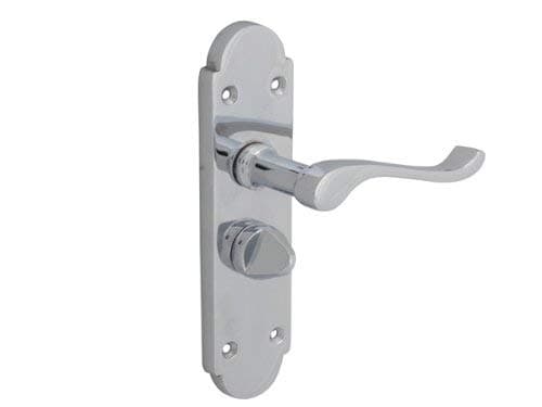 Image of Golden Grace Victorian Scroll Door Handles on Shaped Backplate Bathroom Privacy Set in Polished Chrome Finish - 168mm x 40mm