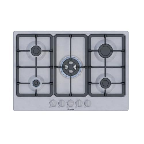 Image of Bosch, Series 4, PGQ7B5K90 75cm Gas Hob with 5 burners, 3.3kW Wok, 3 Dishwasher suitable cast iron pan supports, new standard sword dials, Star layout